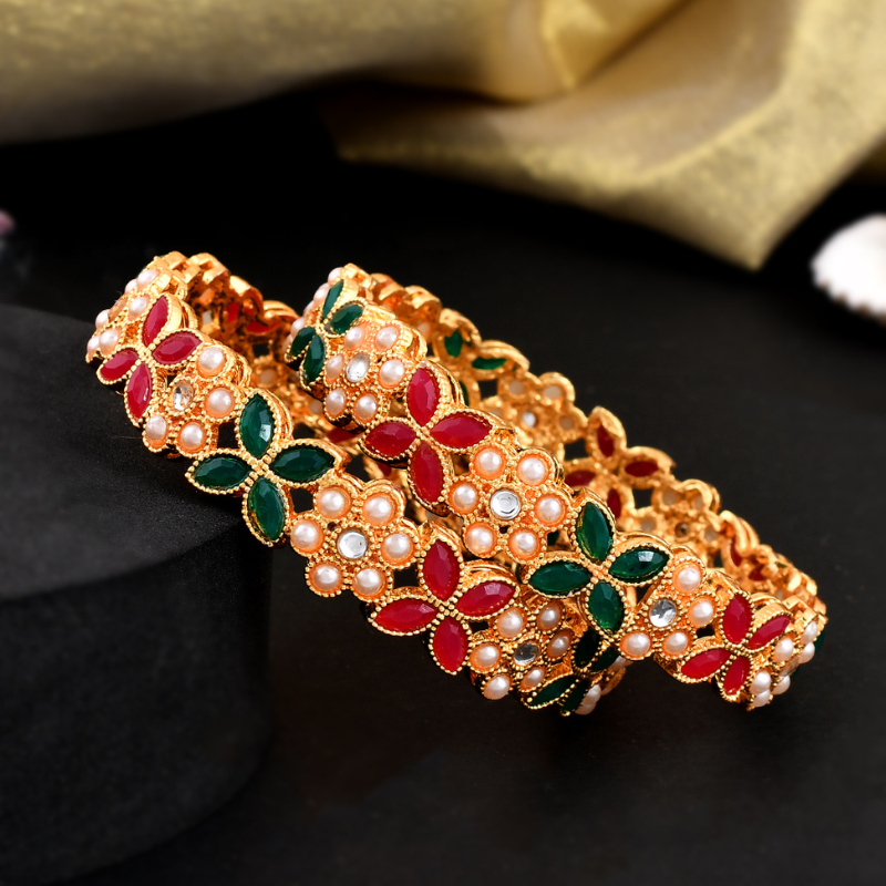 Set Of 2 Gold-Plated Red & Green Stone Beaded Bangles