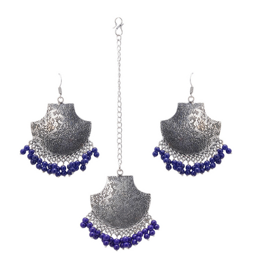 Blue Silver-Plated Oxidised Beaded Earrings with Maangtika