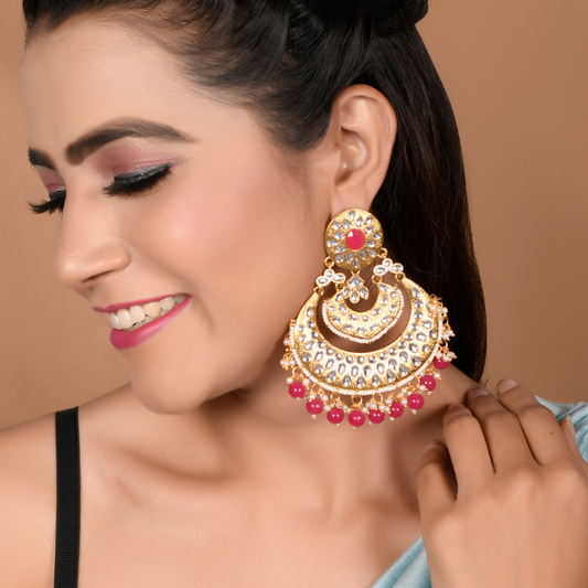 Gold-Toned Red Ethnic Drop Earrings