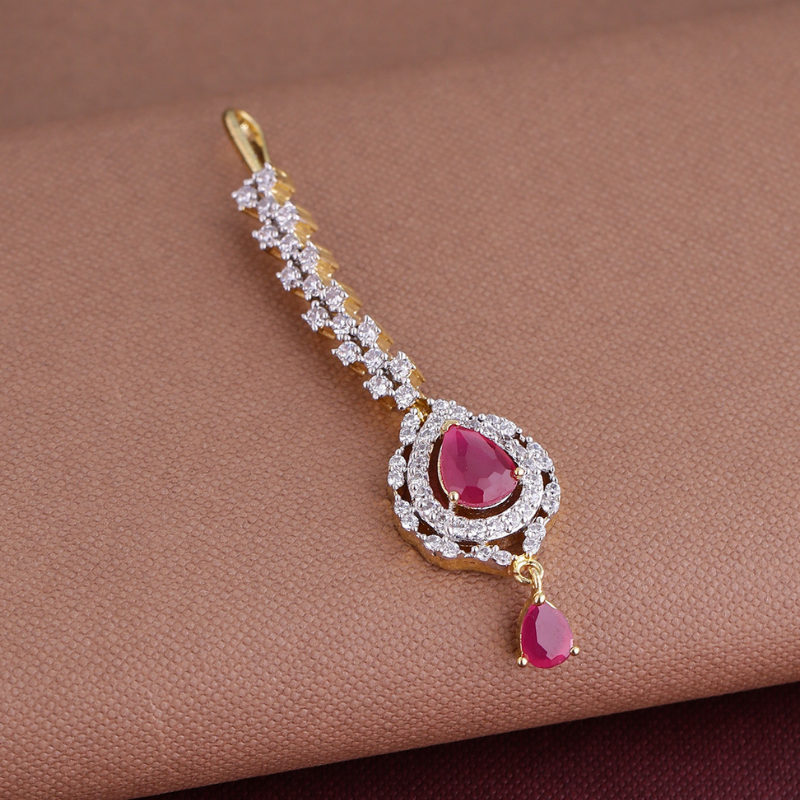 Gold-Plated Magenta AD-Studded Maangtika