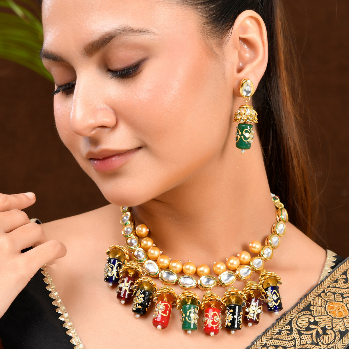 Shoshaa Gold-Plated Multi color kundan stone & pearl Jewellery Set