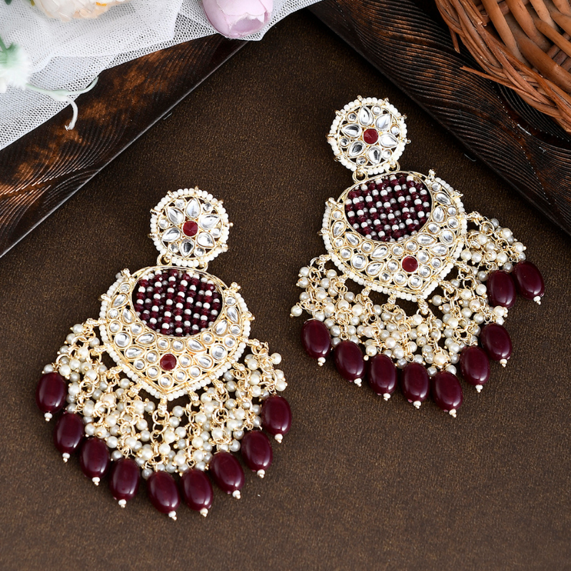 Gold-Plated Maroon Kundan Beaded Drop Earrings