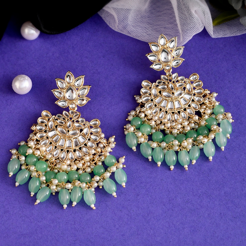 Gold-Plated Green Kundan Drop Earrings