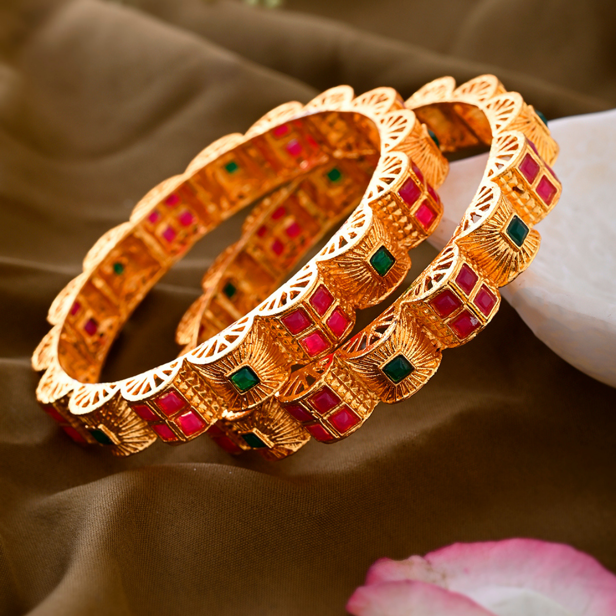 Set of 2 Shoshaa Gold-Plated Red & Green Stones Bangles