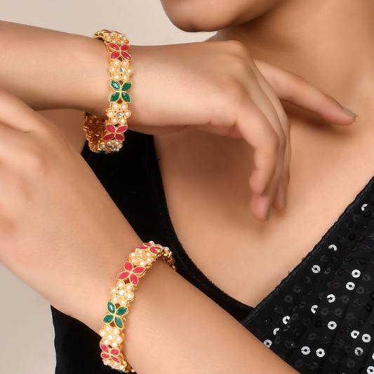 Set Of 2 Gold-Plated Red & Green Stone Beaded Bangles