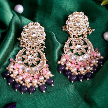 Gold-Plated Grey Kundan Drop Earrings