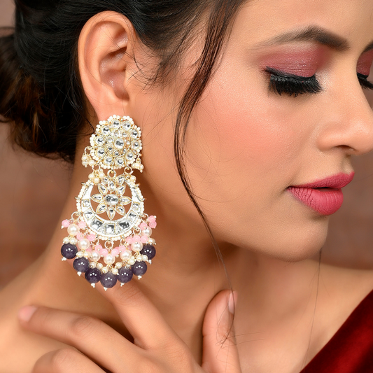 Gold-Plated Grey Kundan Drop Earrings