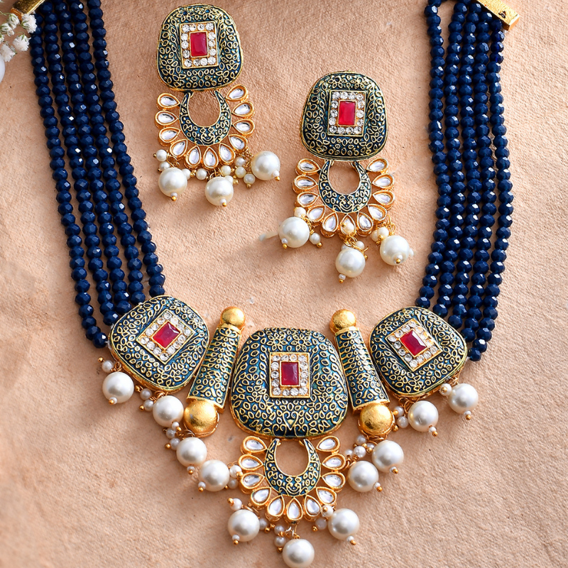 Gold Plated Blue Kundan Short Necklace