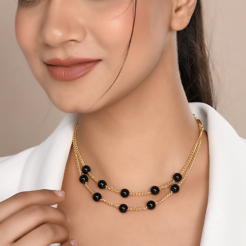 Gold-Plated Black Beaded Short Necklace