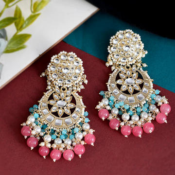 Gold-Plated Pink Turquoise Kundan Drop Earrings