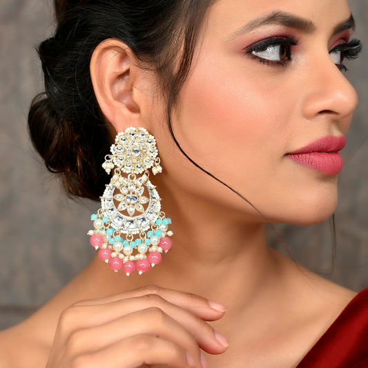 Gold-Plated Pink Turquoise Kundan Drop Earrings