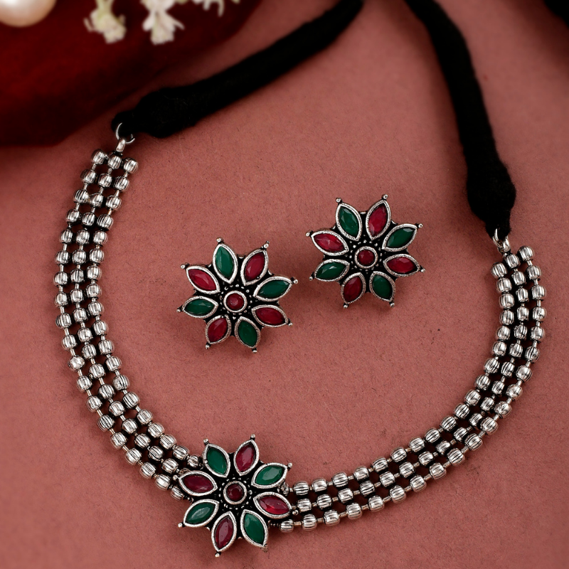 Oxidised Silver-Plated Red Green Short Necklace