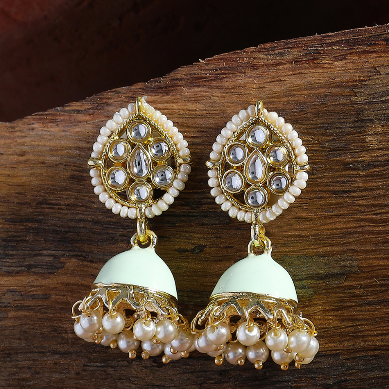 Sea Green Gold-plated Kundan Jhumkas