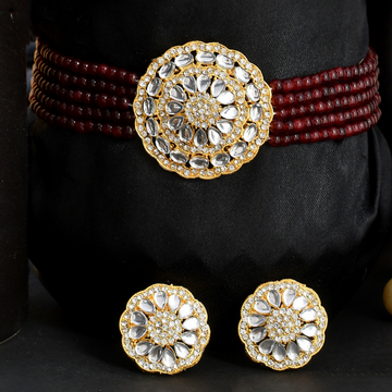 Gold Plated Maroon Kundan & Onyx Choker