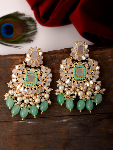 Green Gold-Toned Mirror Drop Earrings