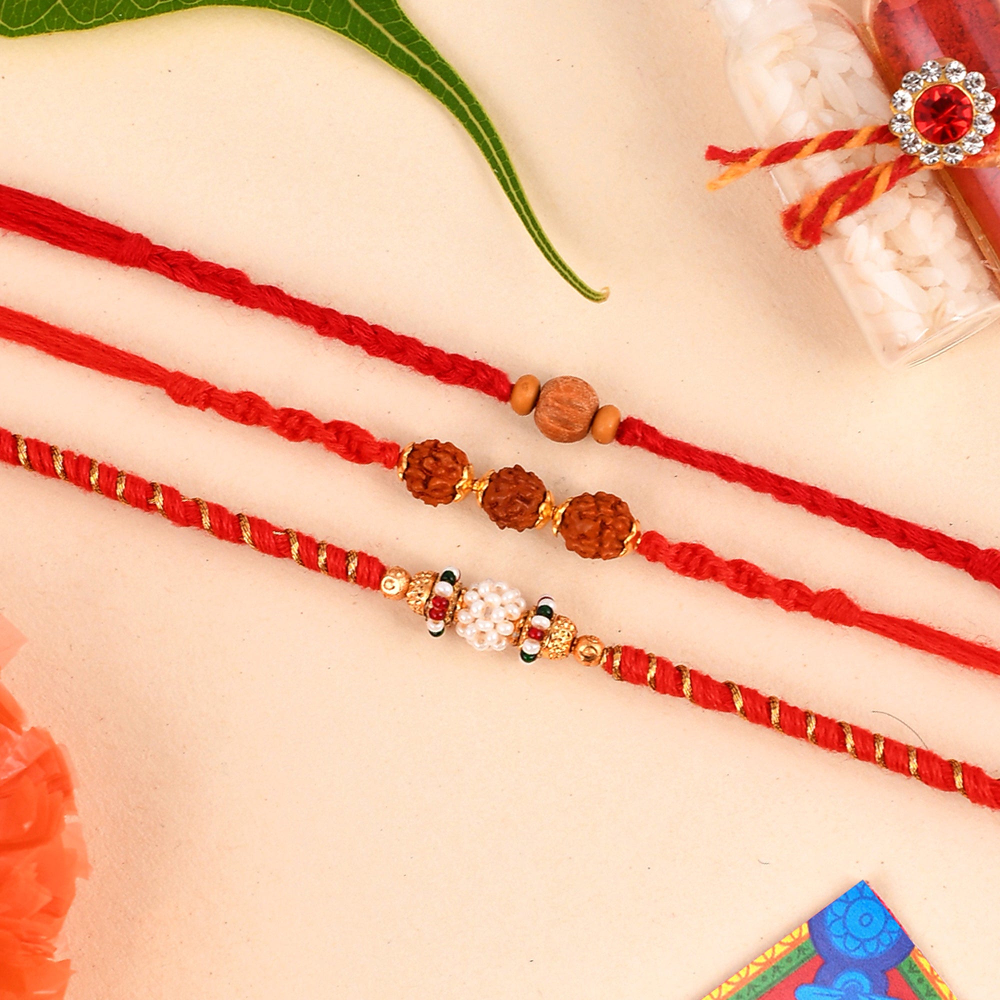 Shoshaa Men Set Of 3 Red  Gold-Toned Beaded Rakhi