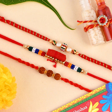 Shoshaa Set Of 3 Red Thread Rudraksh Rakhi With Roli  Chawal