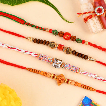 Shoshaa Men Set Of 4 Multicoloured Rudraksh Beaded Rakhi With Rolichawal