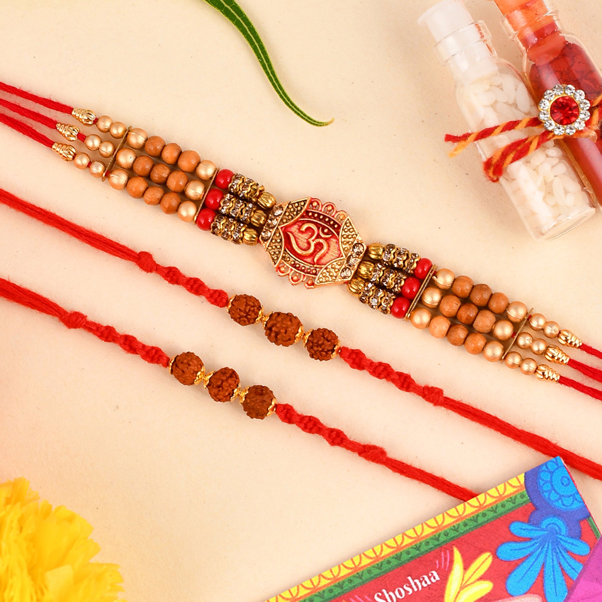 Shoshaa Men Set Of 3 Red  Gold-Toned Rakhi