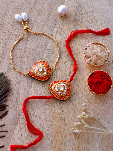 Shoshaa red Kundan Bhai Bhabhi Rakhi &  lumba bracelete with Roli Chawal