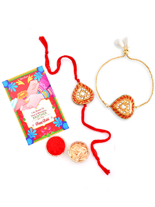 Shoshaa red Kundan Bhai Bhabhi Rakhi &  lumba bracelete with Roli Chawal