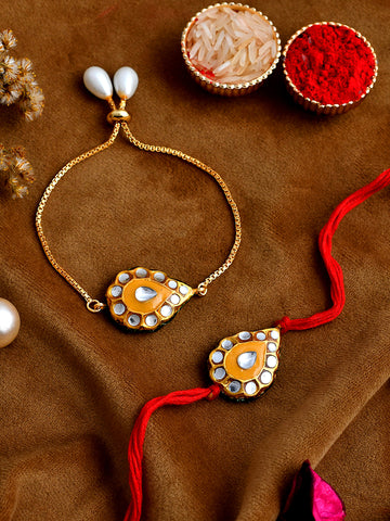 Shoshaa Yellow Kundan Bhai Bhabhi Rakhi & lumba bracelete with Roli Chawal