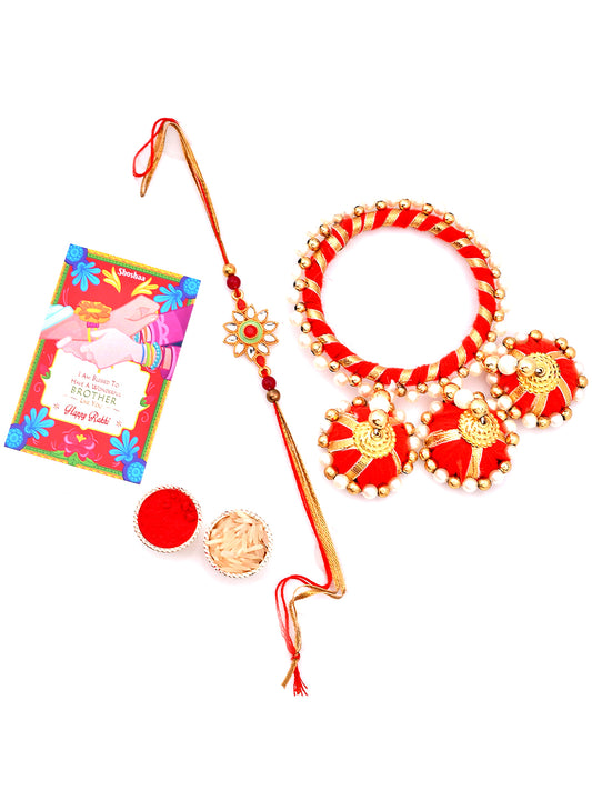 Shoshaa Kundan Bhai Bhabhi Rakhi & multi beaded lumba bangle with Roli Chawal