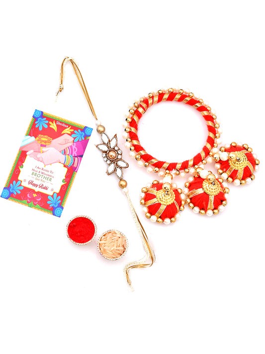 Shoshaa Kundan mirror Bhai Bhabhi Rakhi & multi beaded lumba bangle with Roli Chawal