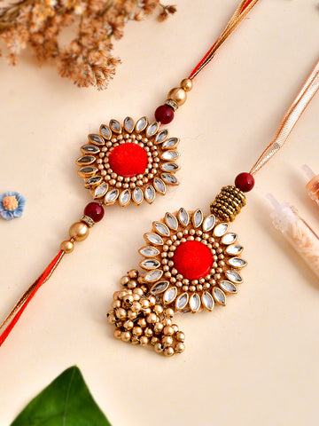 Shoshaa Red Kundan floral Bhai Bhabhi Rakhi & lumba with Roli Chawal