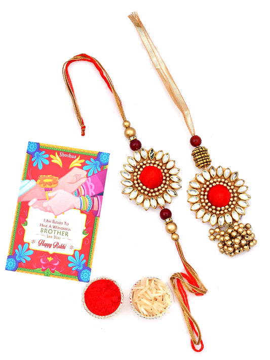 Shoshaa Red Kundan floral Bhai Bhabhi Rakhi & lumba with Roli Chawal