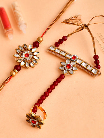 Shoshaa Red & Gold Kundan Bhai Bhabhi Rakhi Lumba Bracelete Rakhi with Roli Chawal