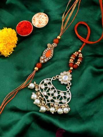 Shoshaa Kundan Bhaiya Bhabhi Rakhi Lumba Maangtika With Roli Chawal Earrings Gift Set