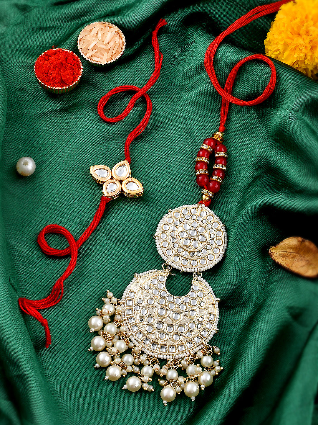 Shoshaa Bhaiya Bhabhi Rakhi Lumba Maangtika with Roli Chawal Gift Set