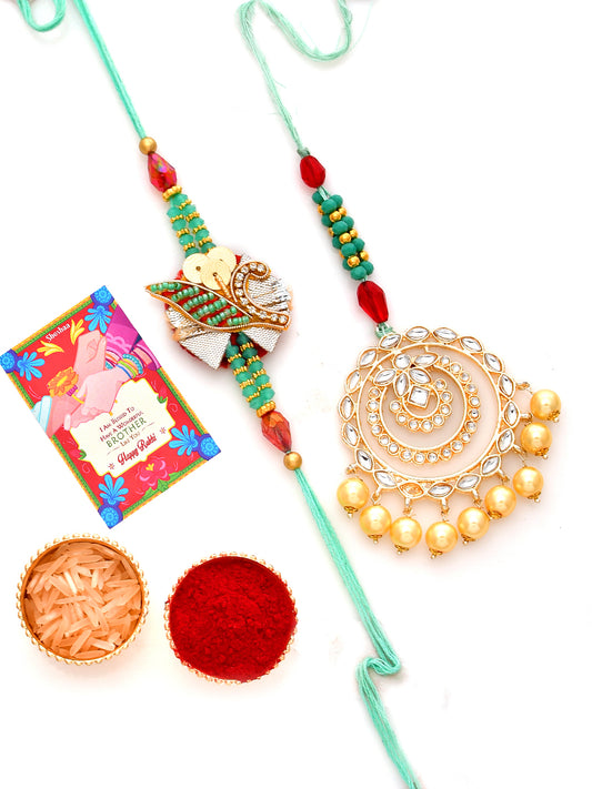 Shoshaa Kundan Bhaiya Bhabhi Rakhi Lumba Maangtika Gift Set with Roli Chawal