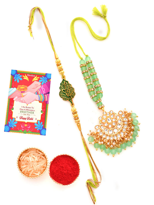 Shoshaa set of 2 Kundan Orange Bhaiya Bhabhi Rakhi Lumba with Roli Chawal