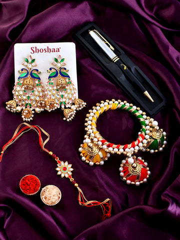 Shoshaa Bhaiya Bhabhi Rakhi Multi Beads Lumba with Pen gift hamper