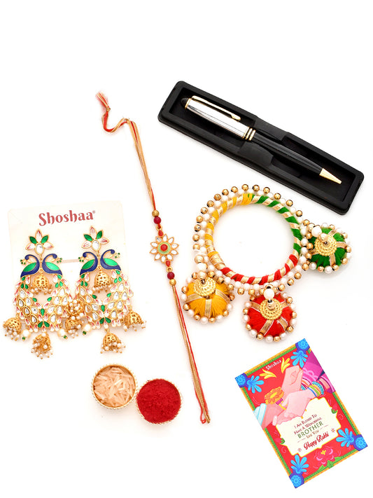 Shoshaa Bhaiya Bhabhi Rakhi Multi Beads Lumba with Pen gift hamper