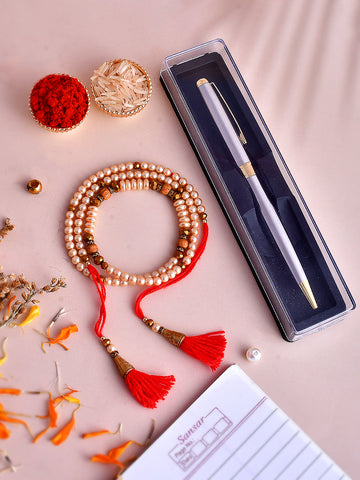 Shoshaa Unique Red Kundan Bhaiya Bhabhi Rakhi & gota bangle with Pen & Earrings Gift set with Roli Chawal