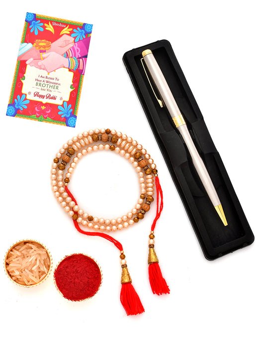 Shoshaa Unique Red Kundan Bhaiya Bhabhi Rakhi & gota bangle with Pen & Earrings Gift set with Roli Chawal