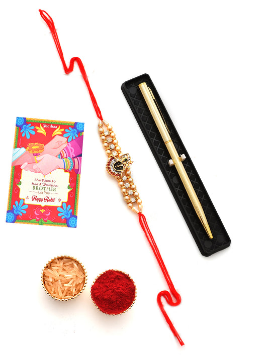 Shoshaa Unique Red & Brown rudraksh beaded Bhaiya Rakhi gift hampers