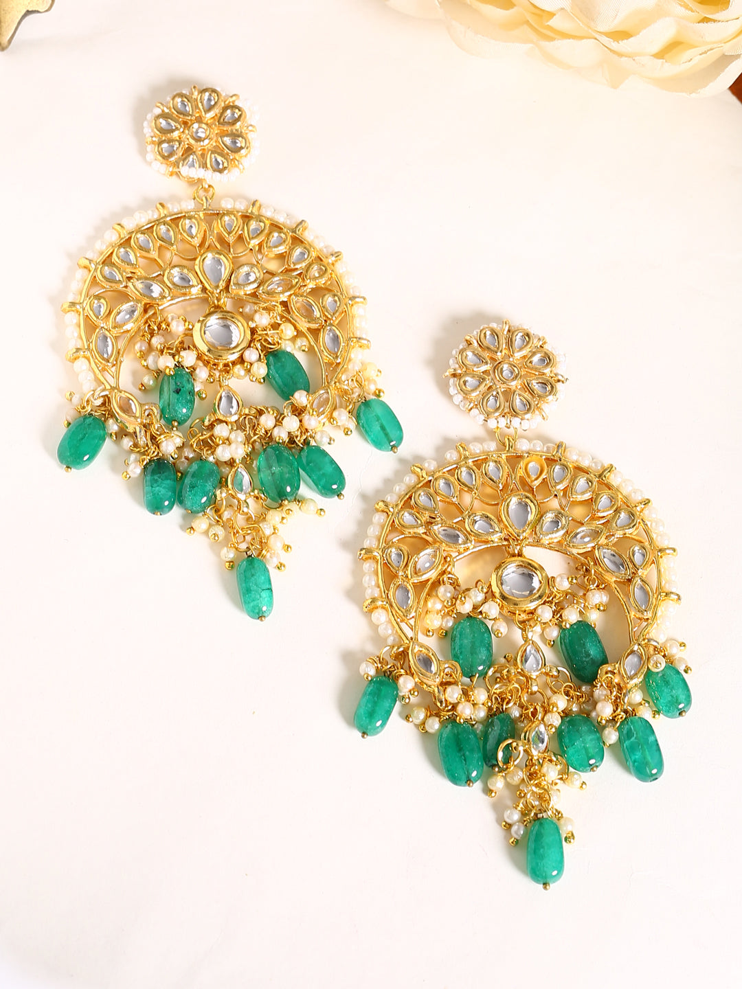 Green Gold-Plated Kundan Classic Drop Earrings