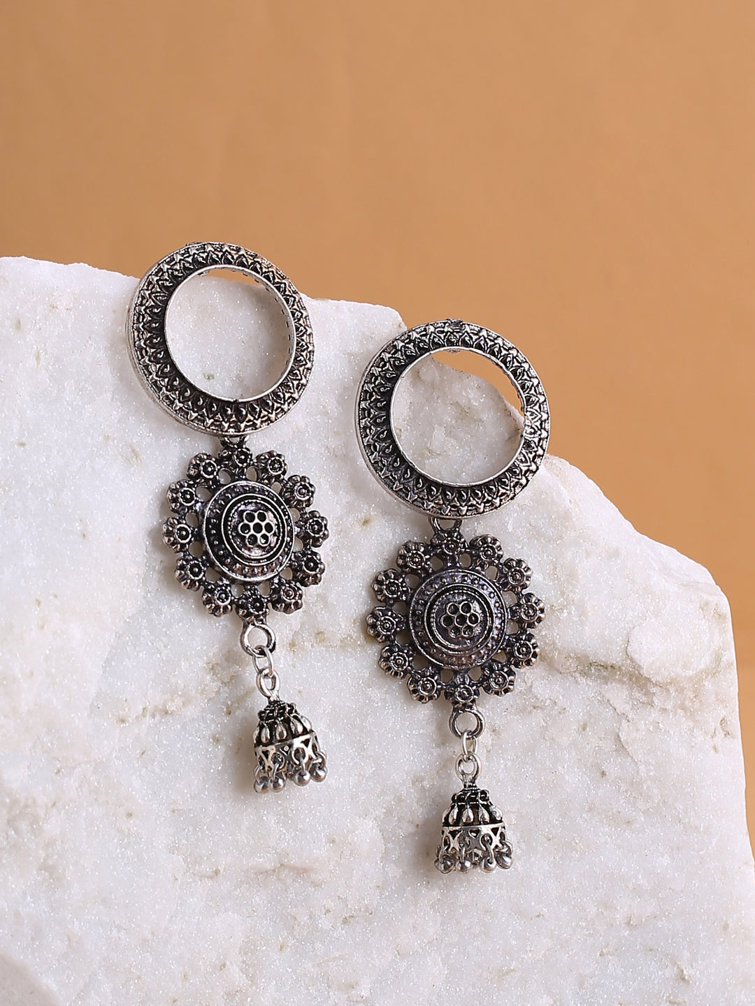 Silver-Toned  Oxidised Drop Earrings