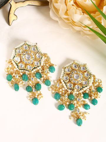 Green Gold-Plated Kundan Style Drop Earrings