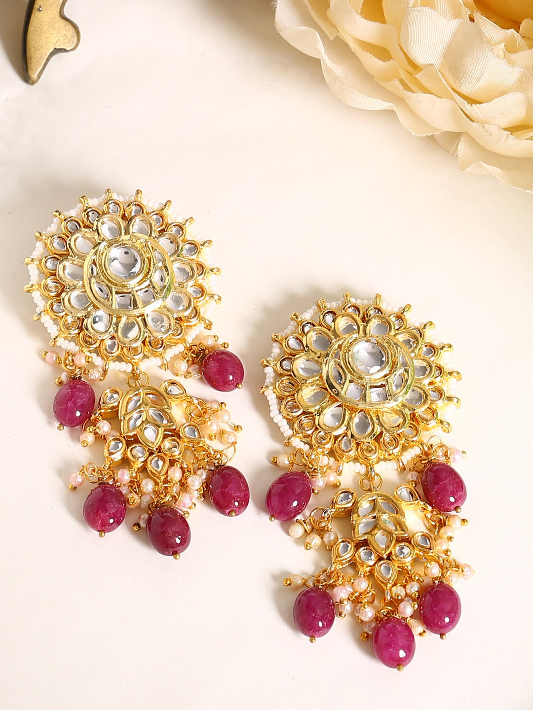 Maroon Gold-Plated Kundan Studded Drop Earrings