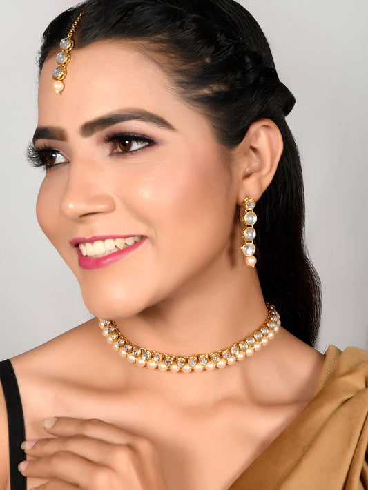 Gold-Toned Kundan Studded Pearl Short Necklace