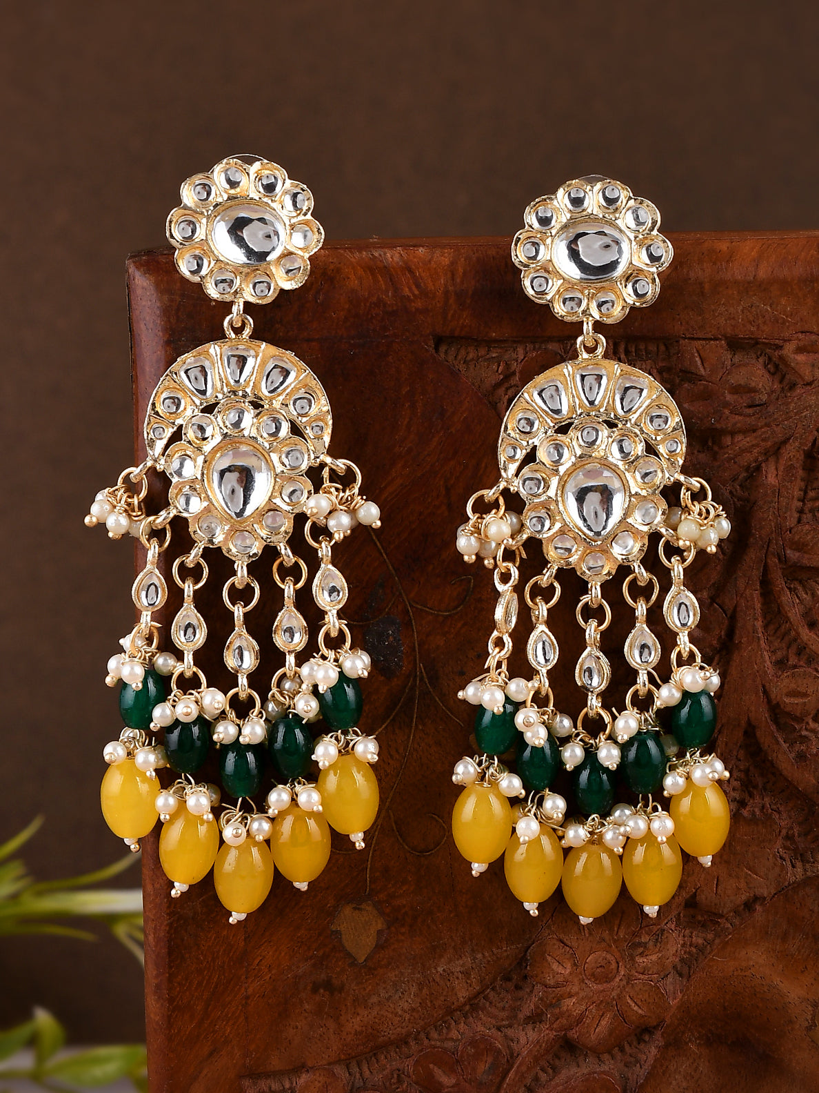 Gold-Plated Green Yellow Kundan Ethnic Drop Earrings