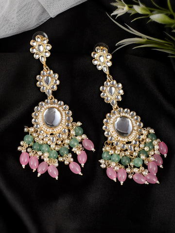 Gold-Plated Green Pink Kundan Ethnic Drop Earrings