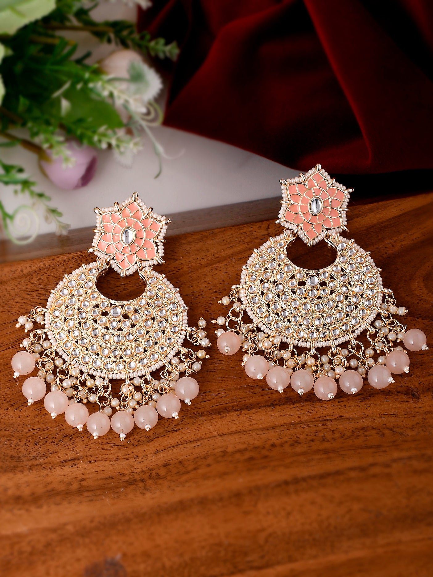 Gold-Plated Peach Kundan Drop Earrings