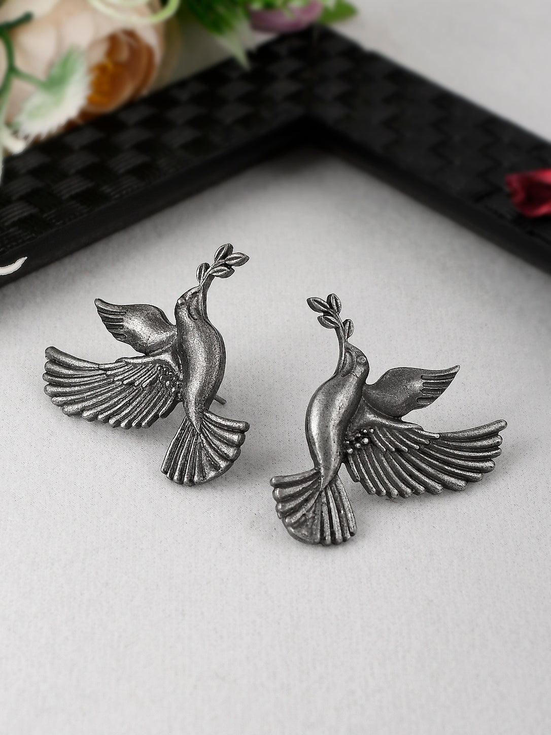 Silver-Plated Oxidised Bird Shaped Drop Earrings