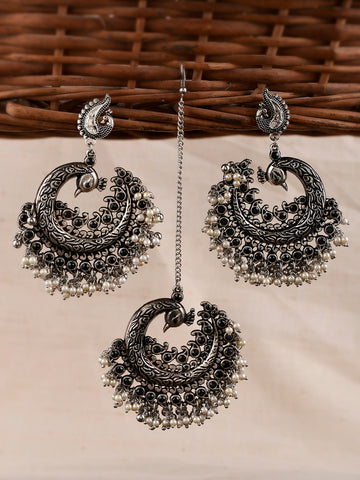 Oxidised Silver-Plated Peacock Earrings with Maangtika